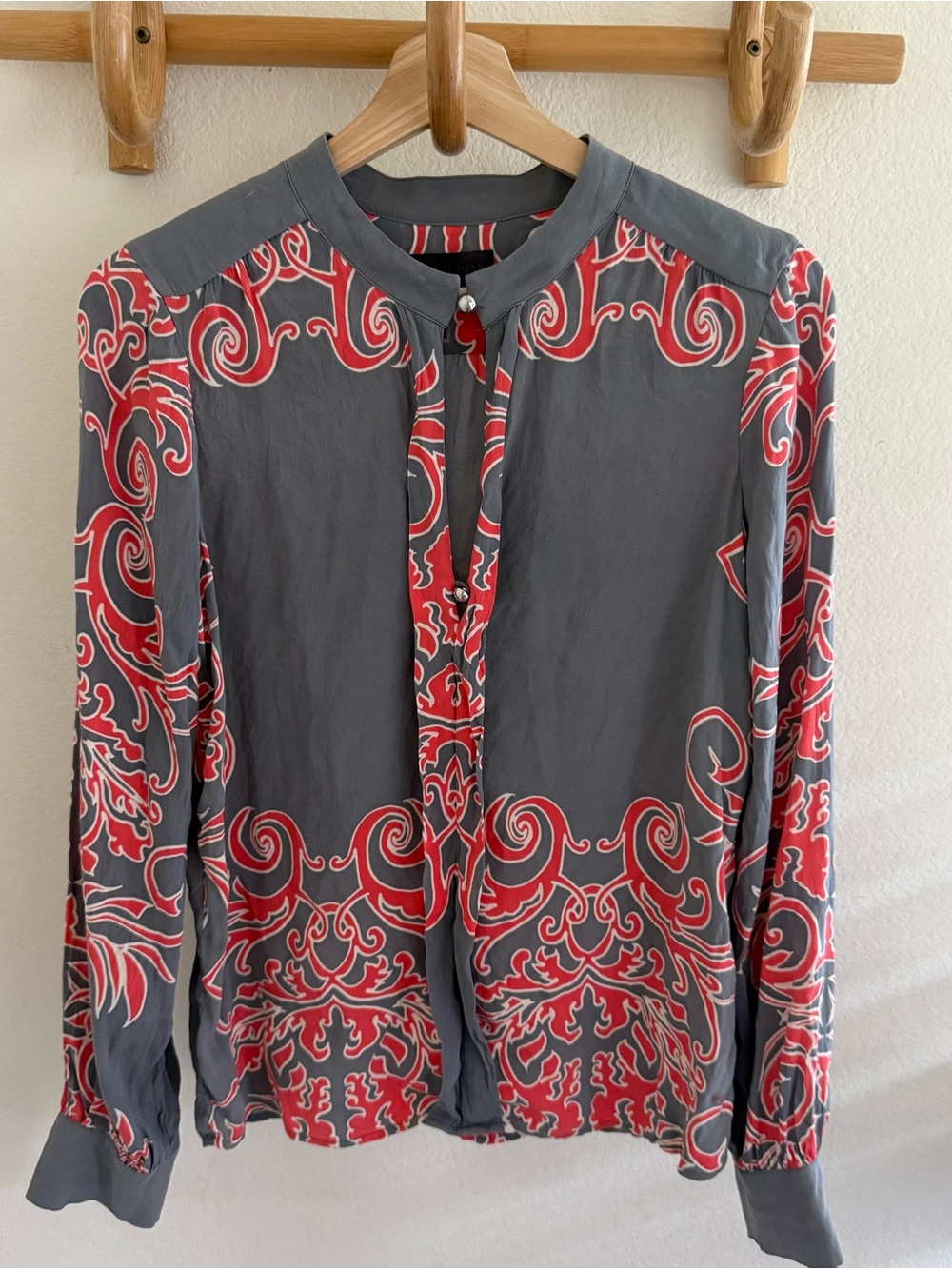Hale Bob boho Silk blend long sleeve Blouse damask Baroque Print Split Neck Top